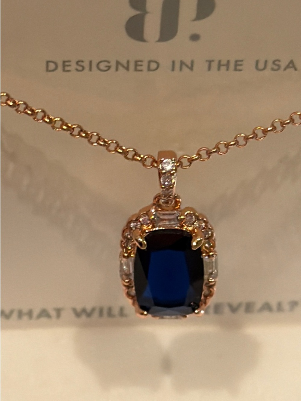 Bomb Party NWOT! Gold-Plated Necklace with Deep Blue Cushion Pendant